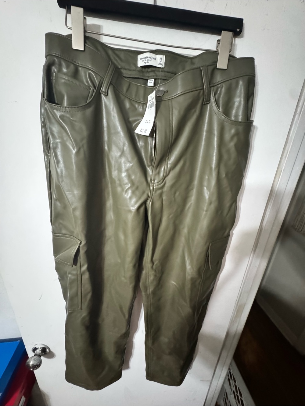 Abercrombie & Fitch Curve Love Olive Green Faux Leather Cargo Pants